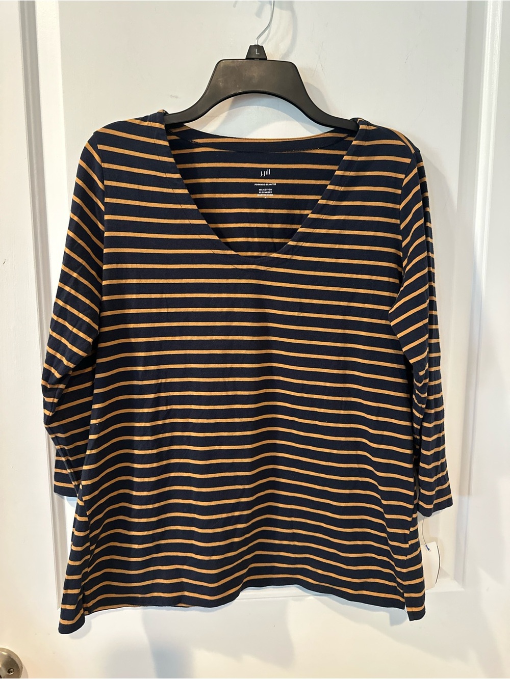 J. Jill Navy and Mustard Striped V-Neck Long Sleeve Top
